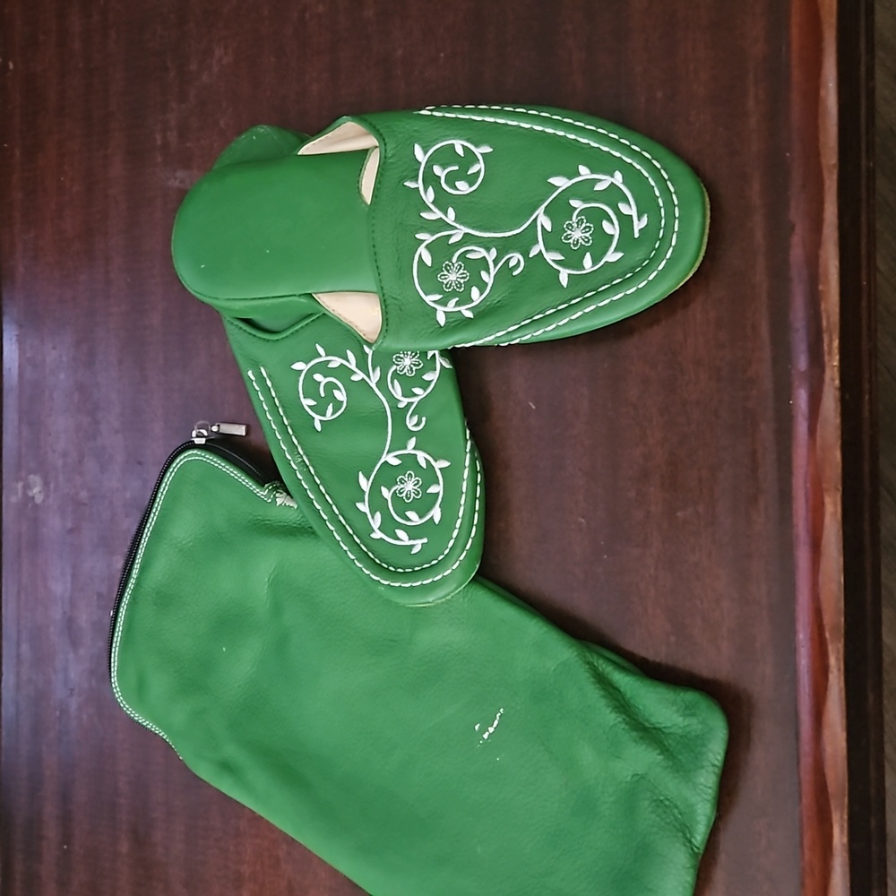 Gates, green , size small, leather,  travel slippers.